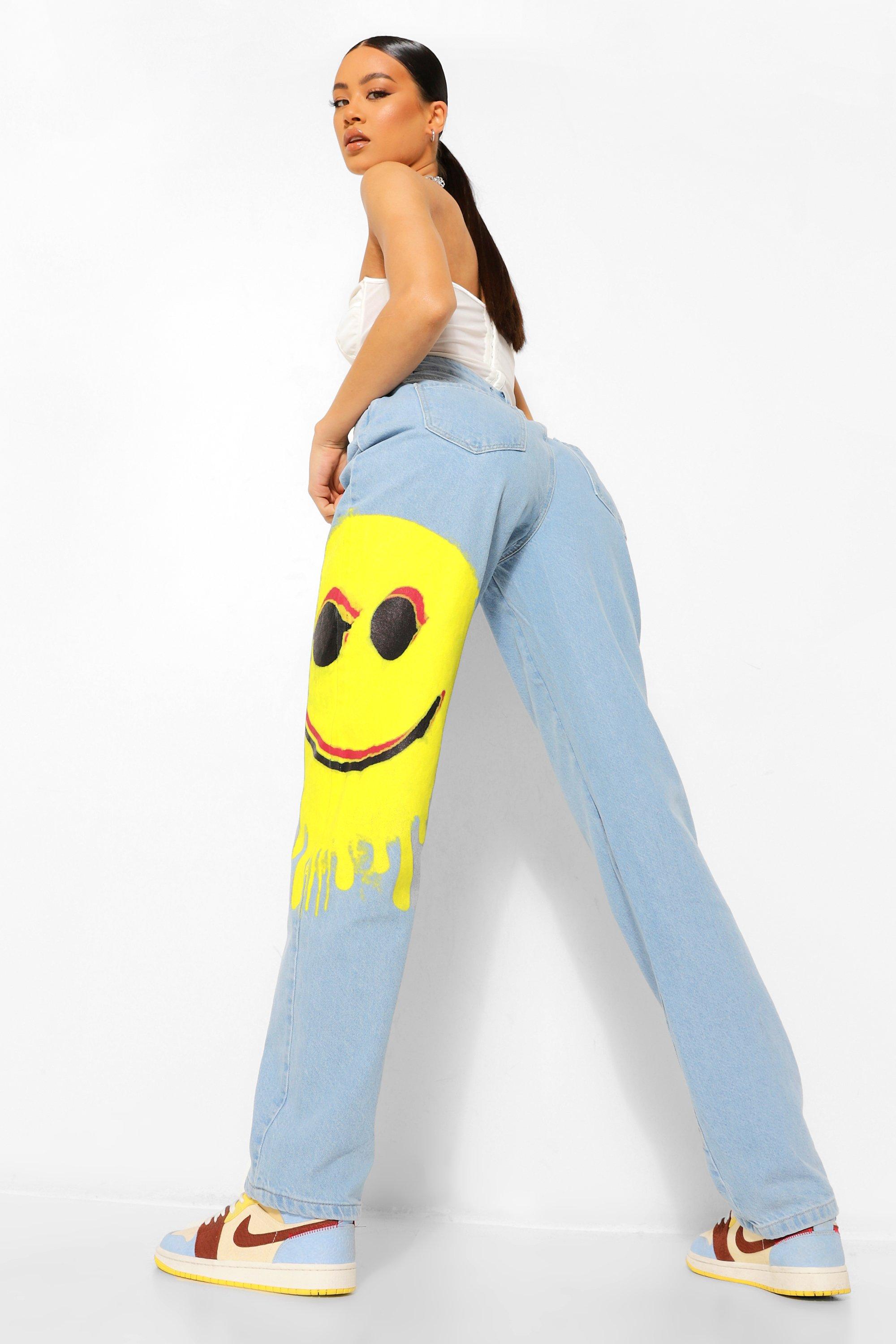 Smiley Print Baggy Boyfriend Jeans